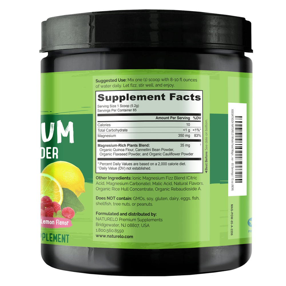 Naturelo Magnesium Powder packaging close-up, shows 15 oz bottle and 85 servings.