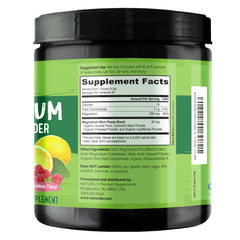 Naturelo Magnesium Powder packaging close-up, shows 15 oz bottle and 85 servings.