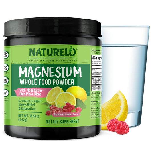 Naturelo Magnesium Powder bottle with Raspberry Lemon flavor, convenient magnesium boost for daily balance.