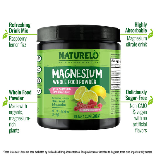 Naturelo Magnesium Powder glass with Raspberry Lemon fizz, refreshing magnesium drink.