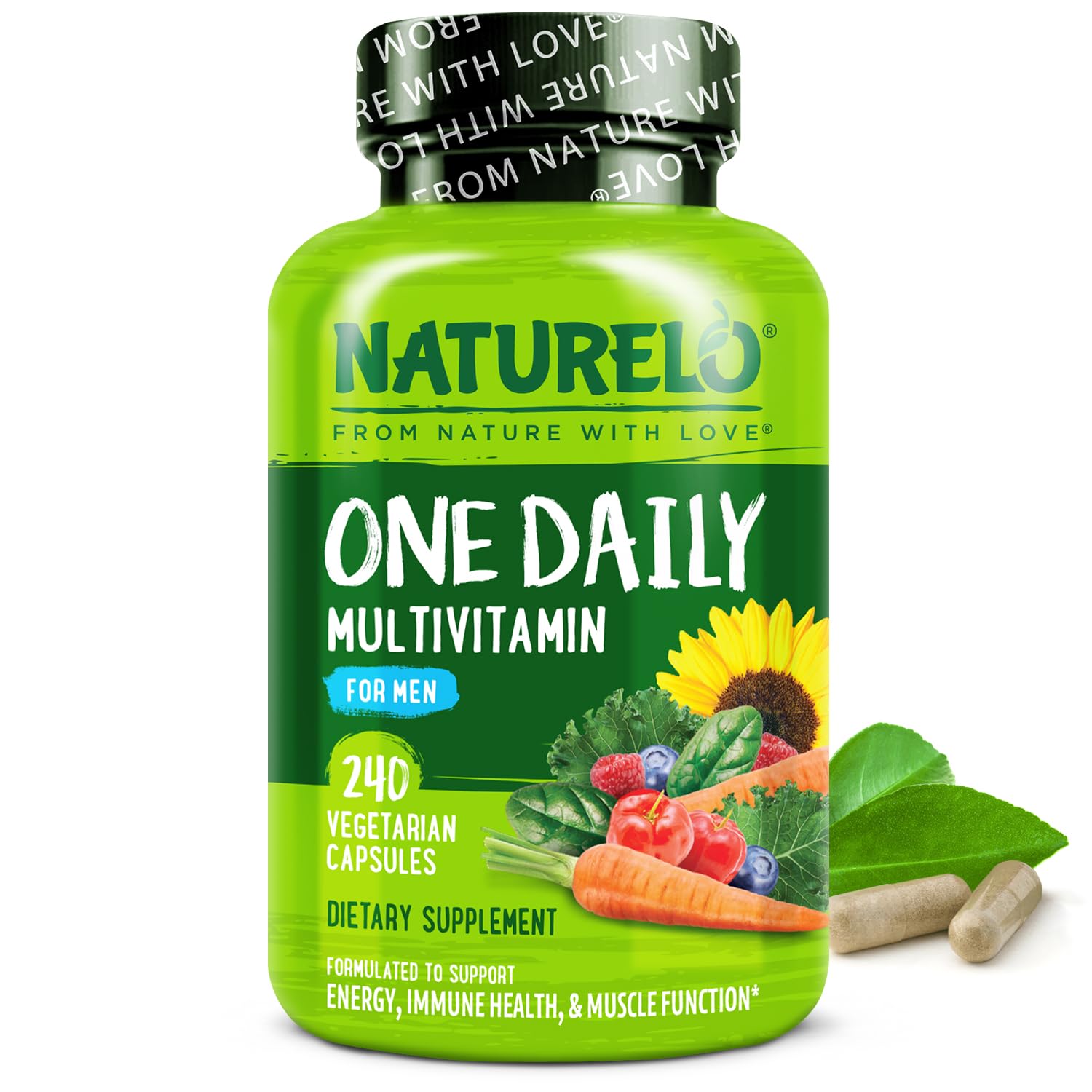 Naturelo Mens Multivitamin capsules bottle supports daily nutrient intake.