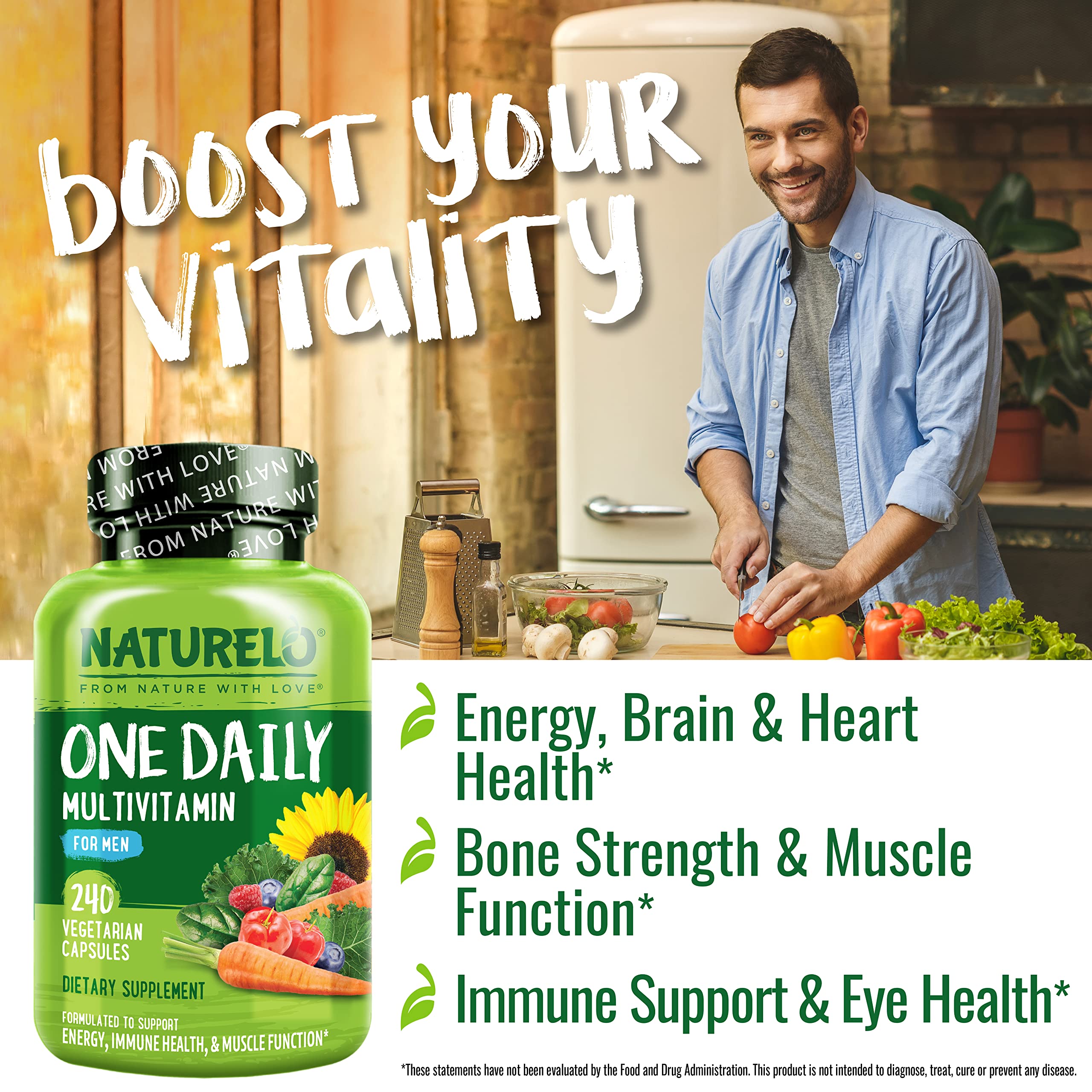 Naturelo Mens Multivitamin label closeup highlights high-absorption nutrients.