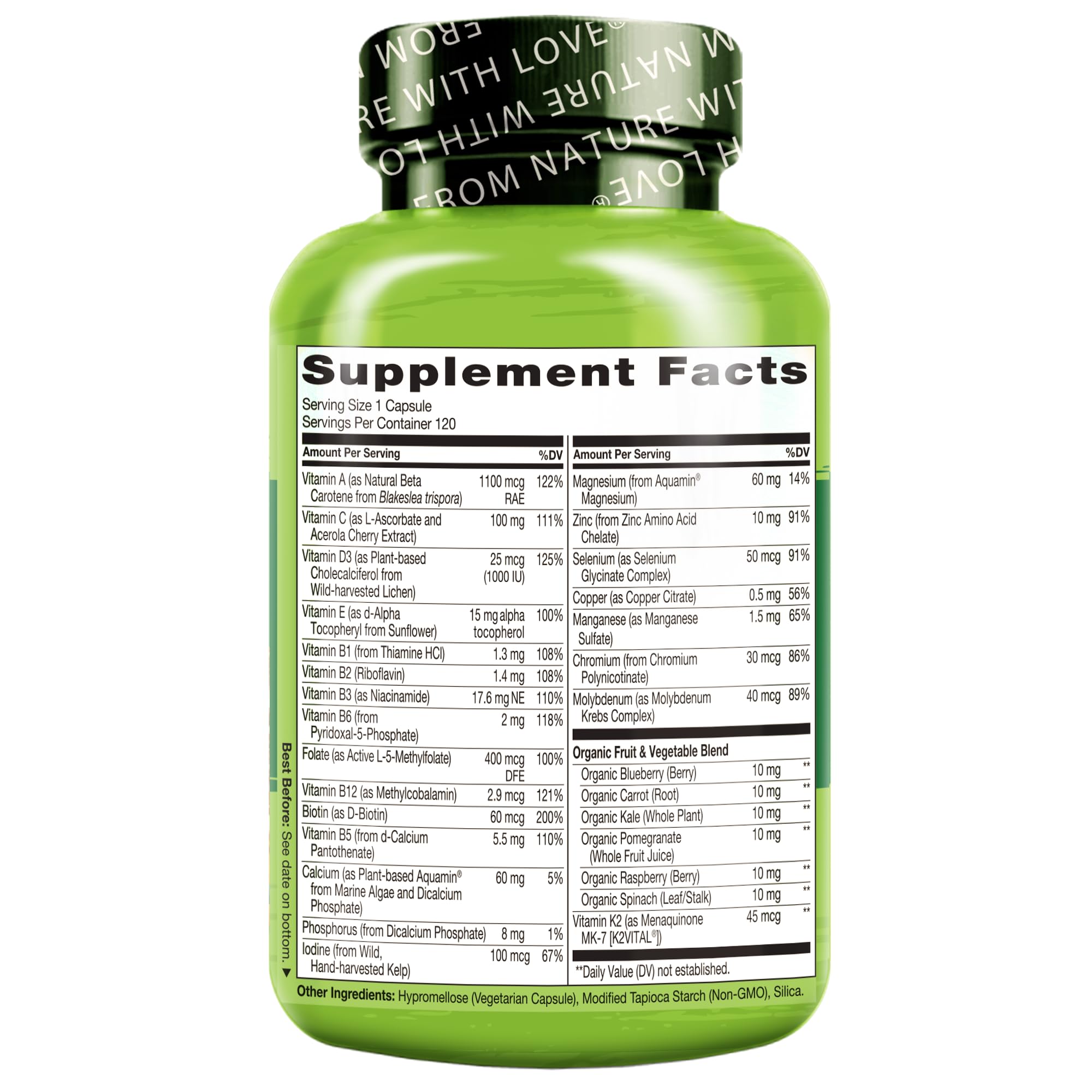 Naturelo Men's Multivitamins non-GMO and gluten-free icons on packaging