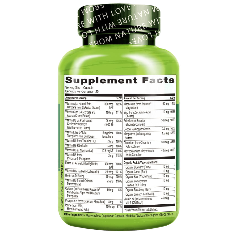 Naturelo Men's Multivitamins non-GMO and gluten-free icons on packaging