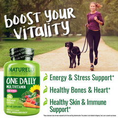 NATURELO One Daily Multivitamin tablets close-up highlight vegan nutrients for energy.