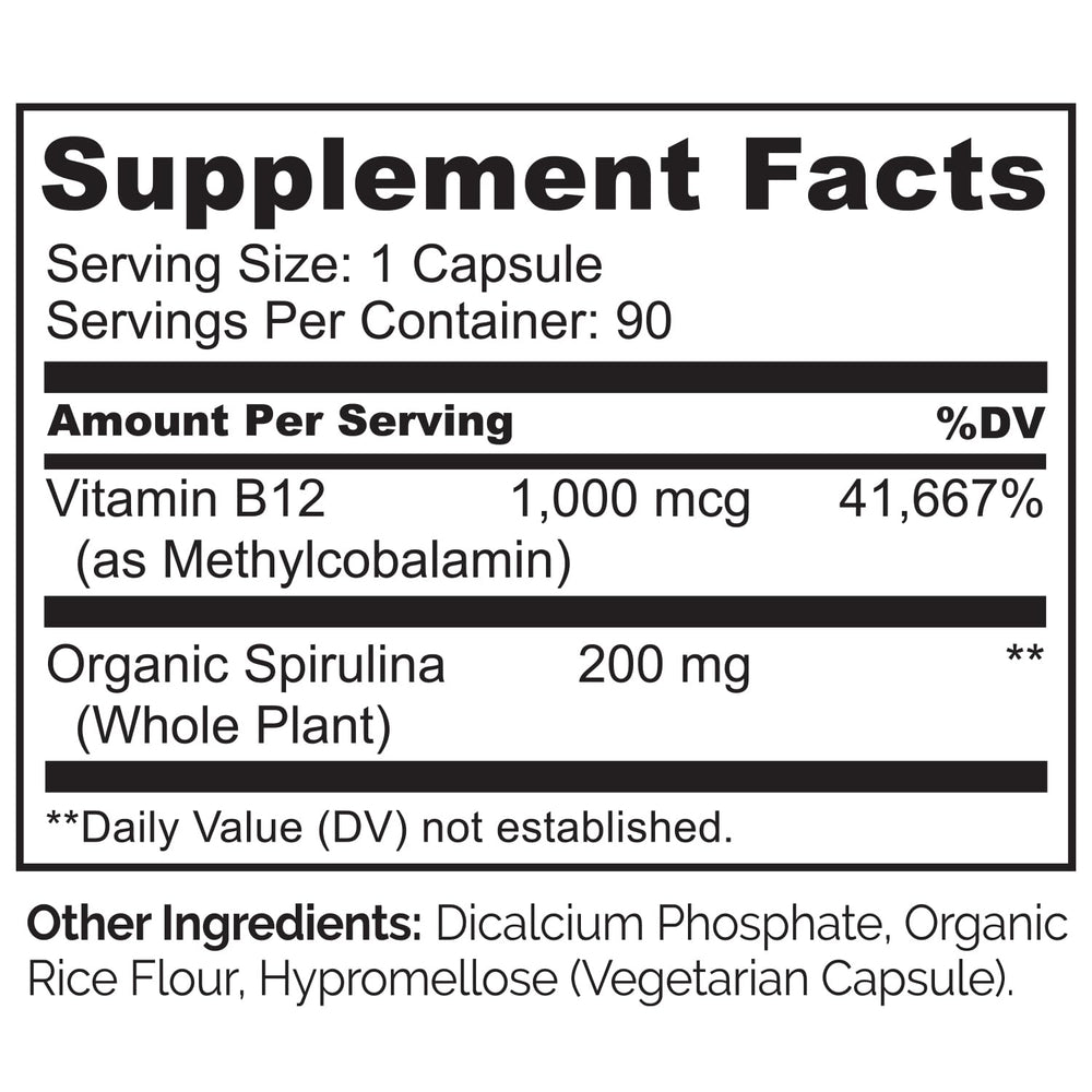 Naturelo organic spirulina ingredients highlight a plant-based B12 blend