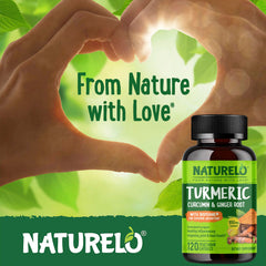 Naturelo organic-turmeric-ginger label-closeup shows organic ingredients and non-GMO commitment.