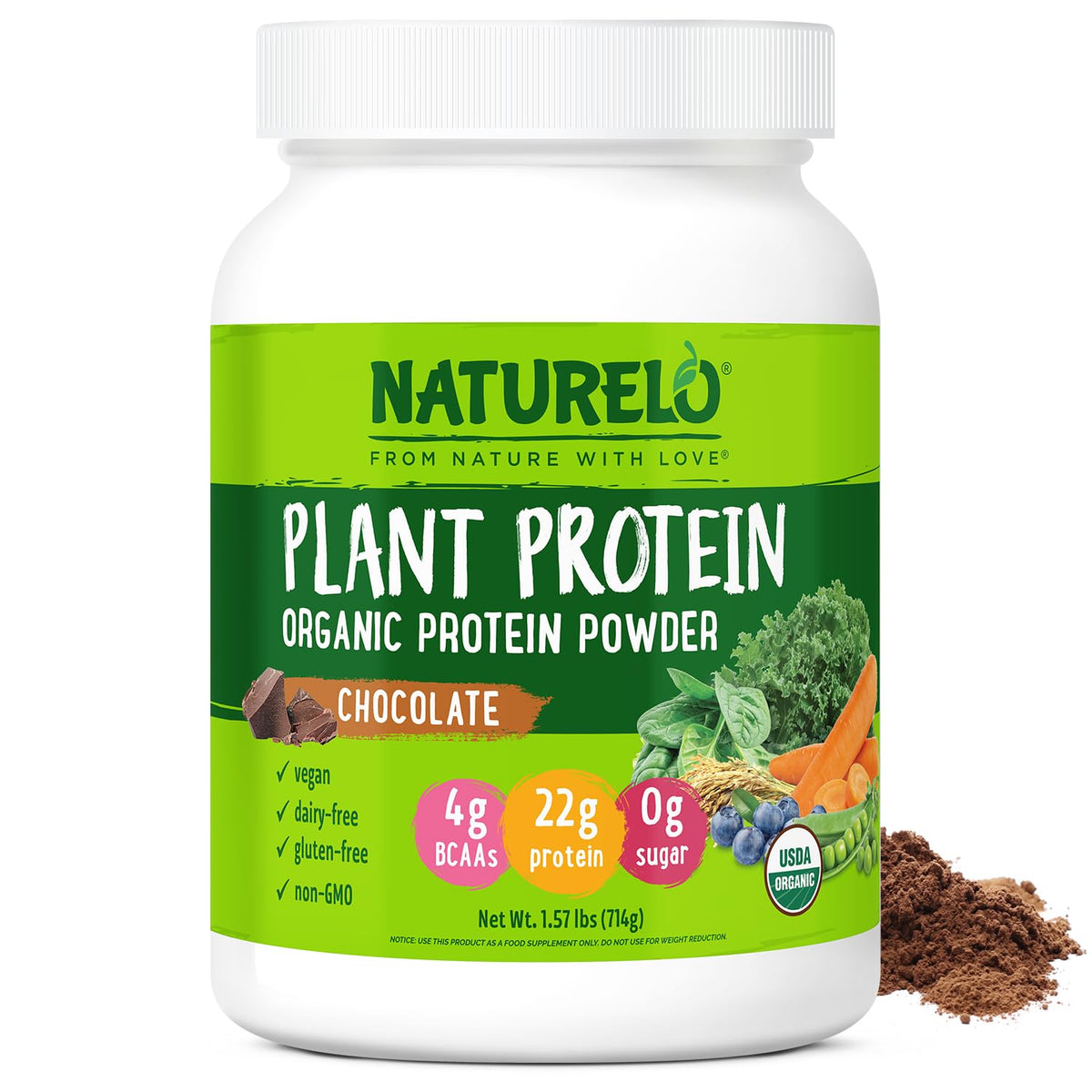 Naturelo Plant Protein Powder Chocolate tub showing 22 g protein and clean label