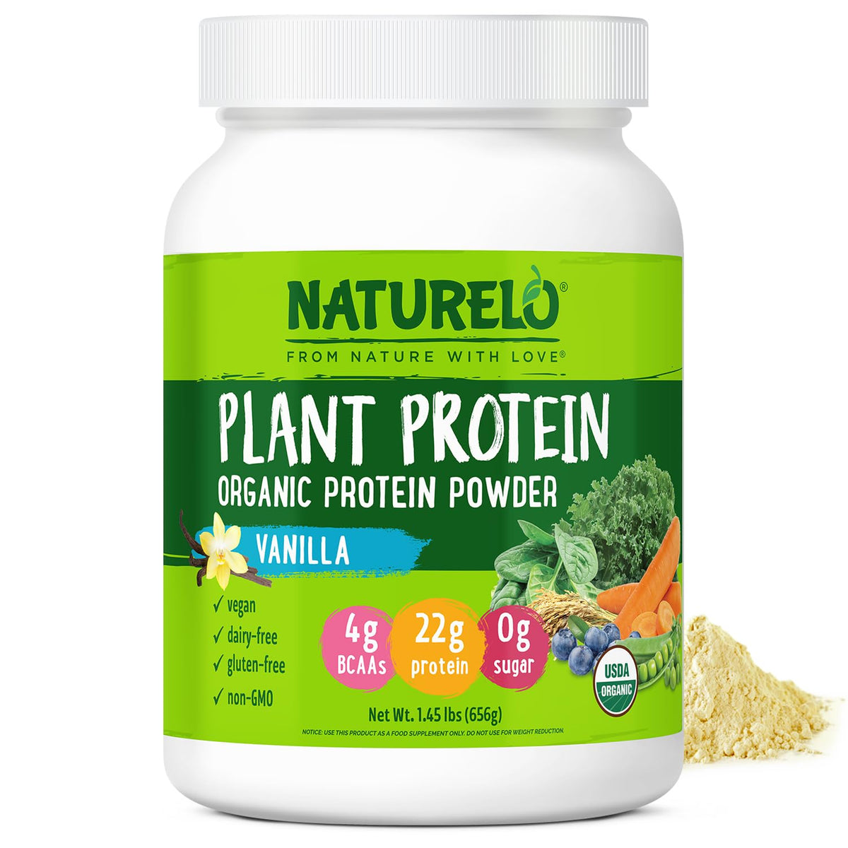 Naturelo plant protein powder vanilla bottle shows vegan protein for daily energy