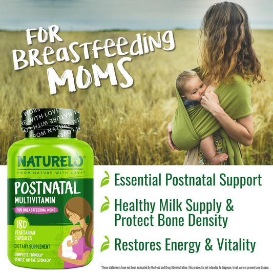 Naturelo Postnatal Multivitamin capsules showing plant-based formula