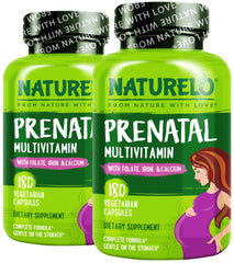 Naturelo Prenatal bottle front highlights plant-based nutrients for daily prenatal support.