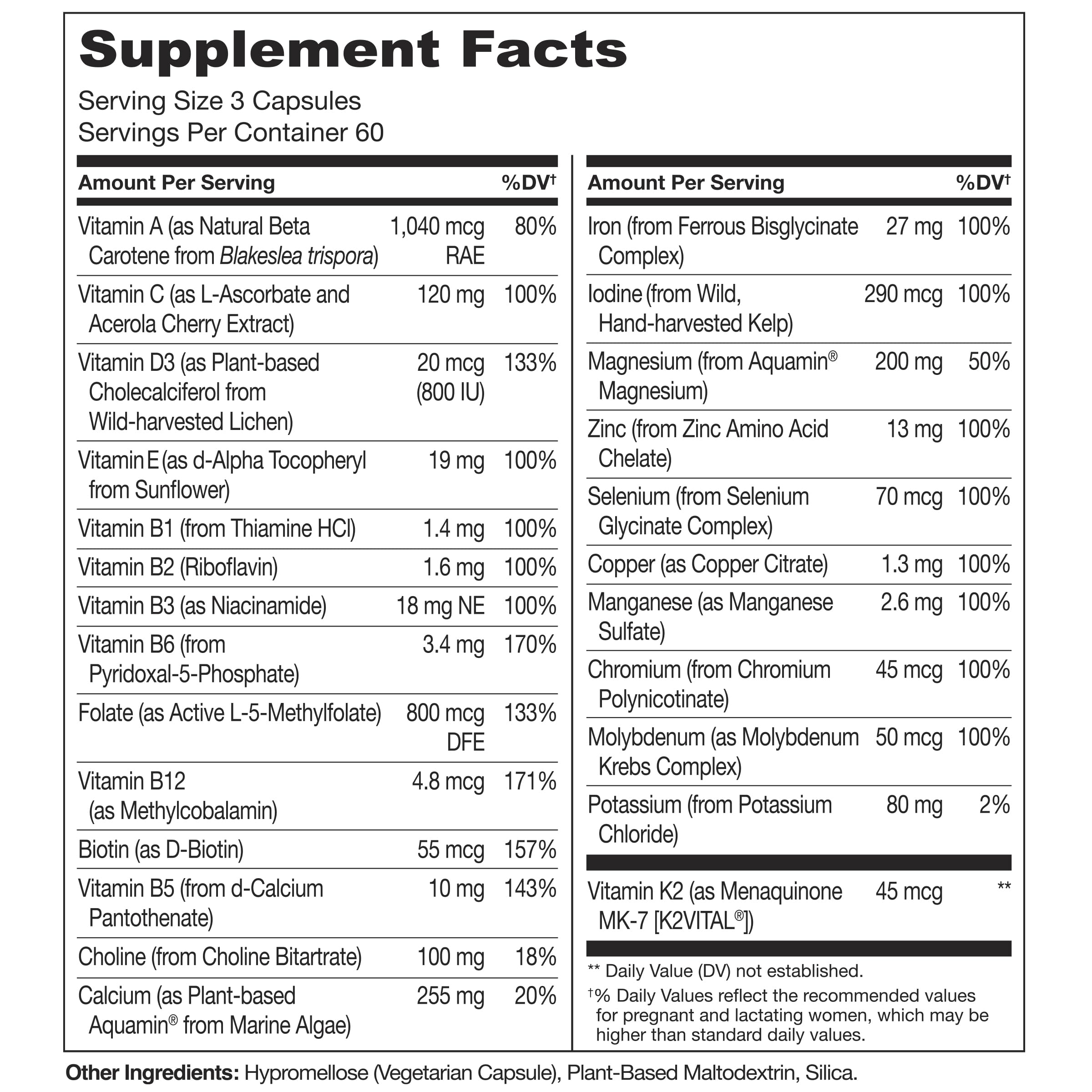 Naturelo Prenatal label closeup communicates non-GMO, vegan formula and plant-based minerals.