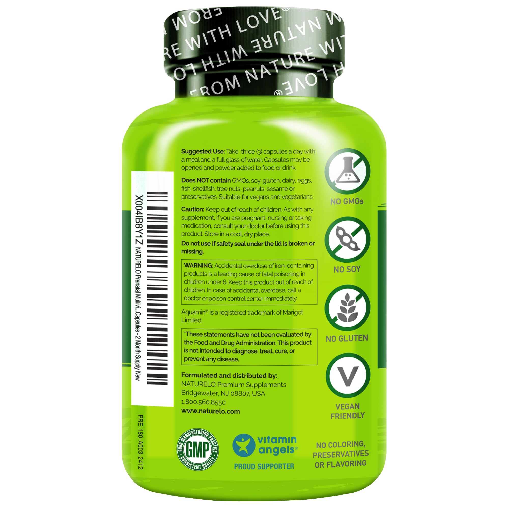 Naturelo Prenatal packaging GMP facility label communicates production standards.