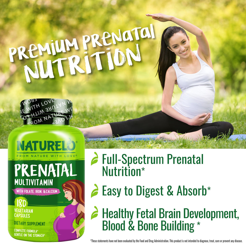 Naturelo Prenatal measuring spoon image suggests precise daily dosing.