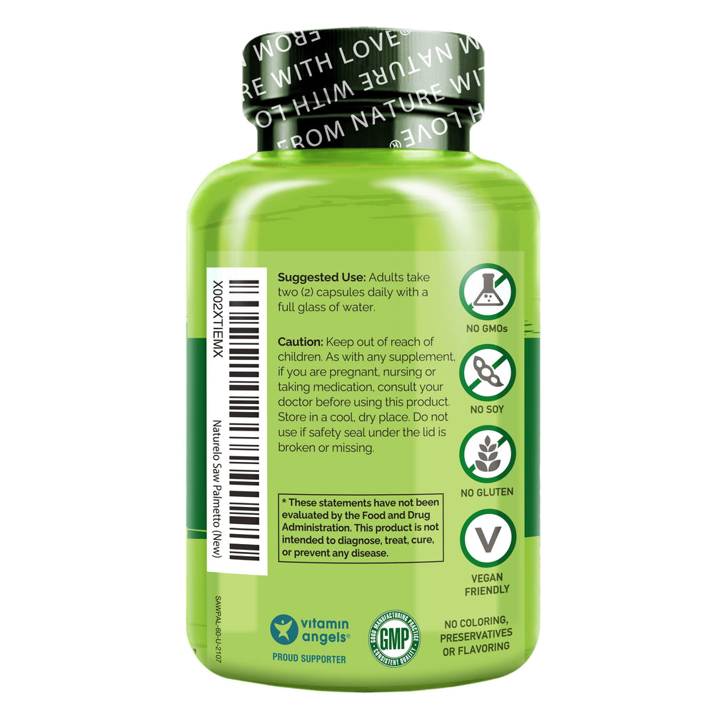 NATURELO Prostate & Urinary Health bottle side view showing compact packaging for easy daily use.