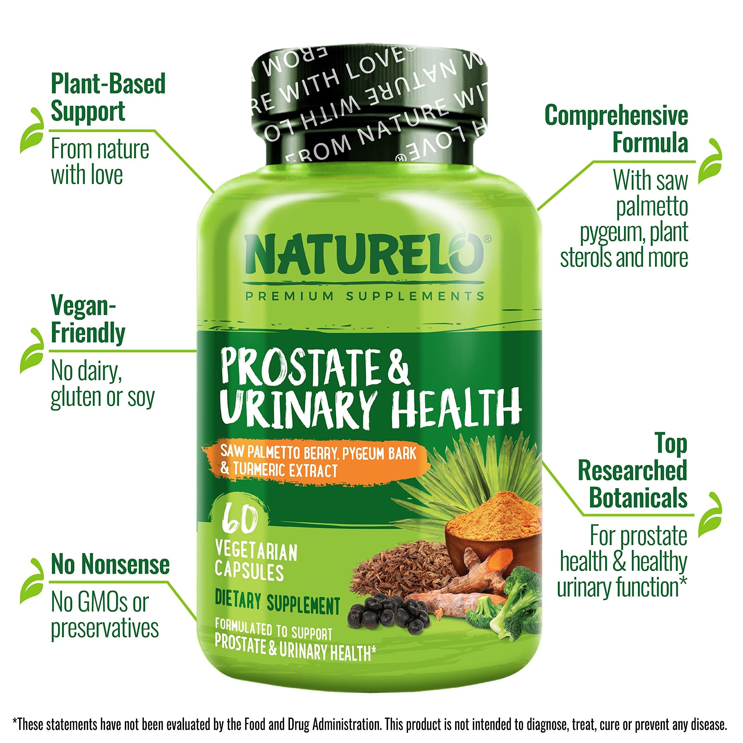 NATURELO Prostate & Urinary Health saw palmetto berries for botanical support.