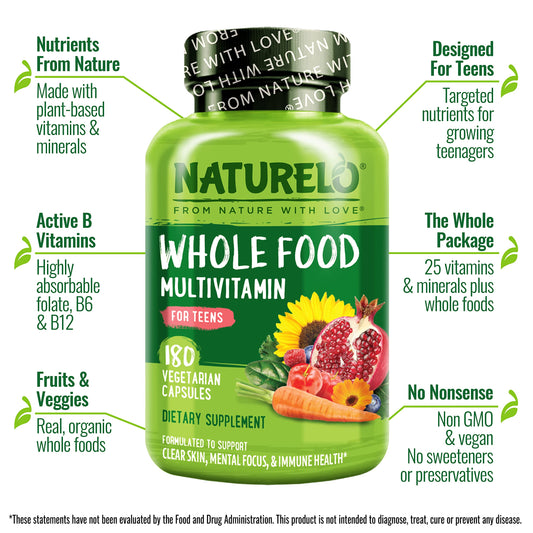 Naturelo teen multivitamin bottle back showing ingredients and vegan claims