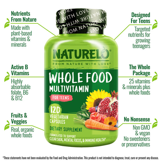 Close-up of Naturelo teen multivitamin label shows plant-based ingredients.