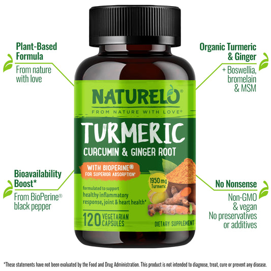 Naturelo Turmeric Curcumin bottle side view highlights BioPerine for absorption.