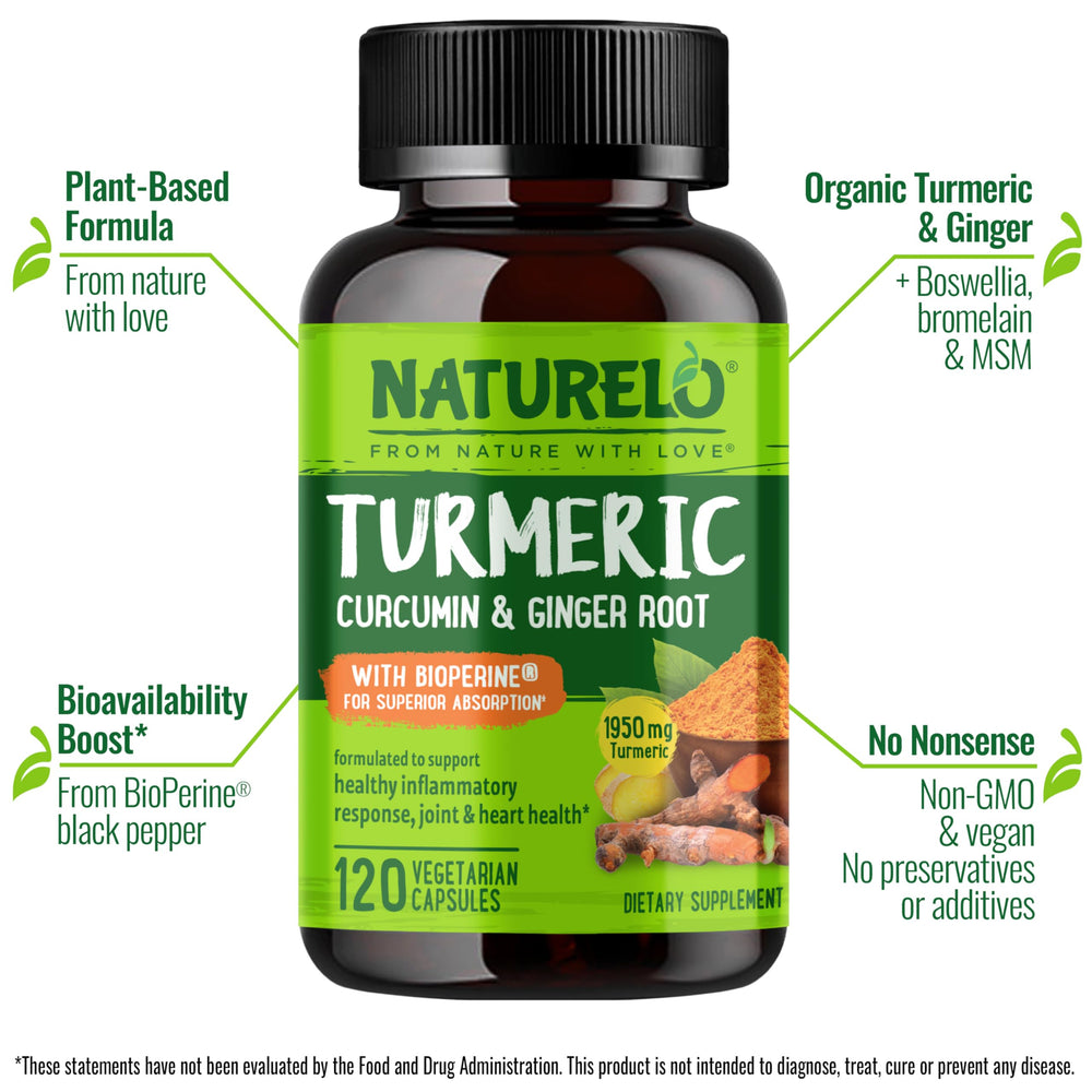 Naturelo Turmeric Curcumin capsules inside bottle highlight convenient vegan capsules for daily joint support and mobility.