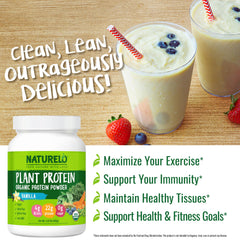 Naturelo vanilla protein shake in a glass with creamy texture