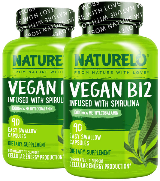 Naturelo vegan B12 bottle shows high-potency methylcobalamin for energy support