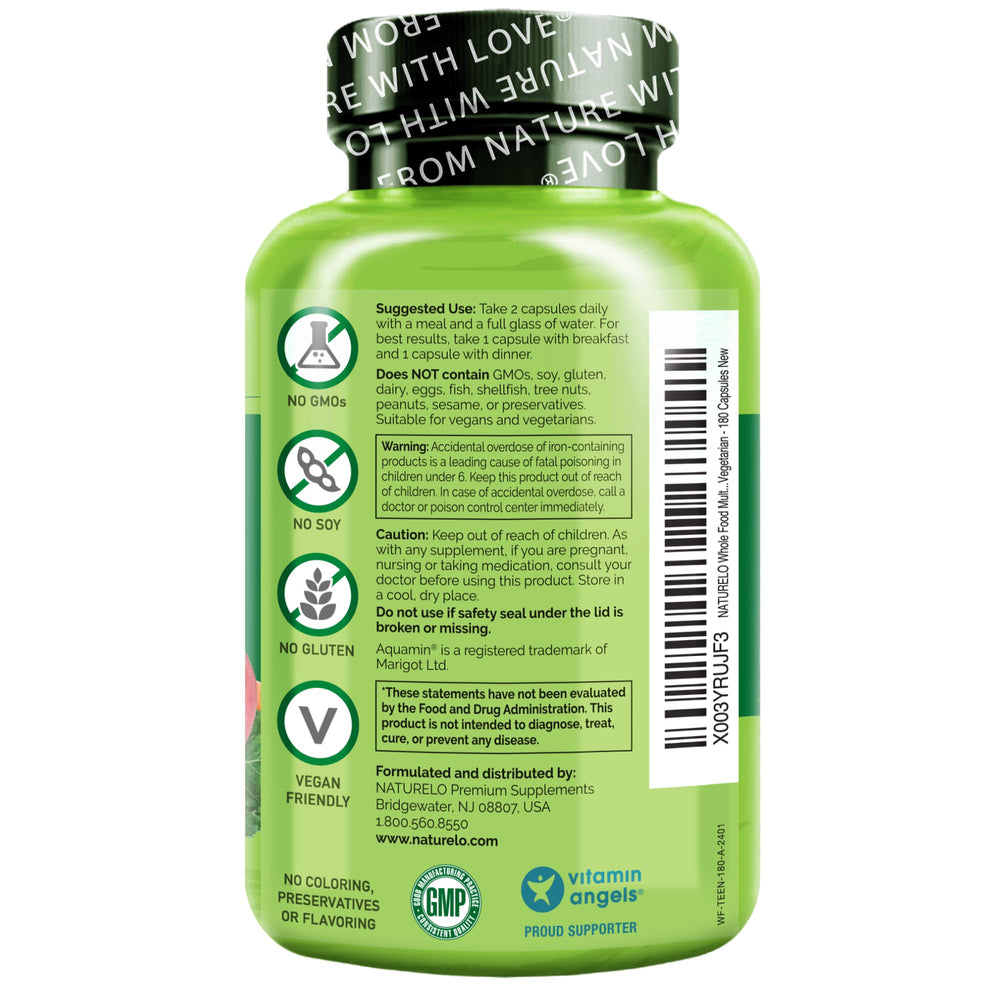 Naturelo vegan-friendly label reinforces clean, allergen-free teen supplement