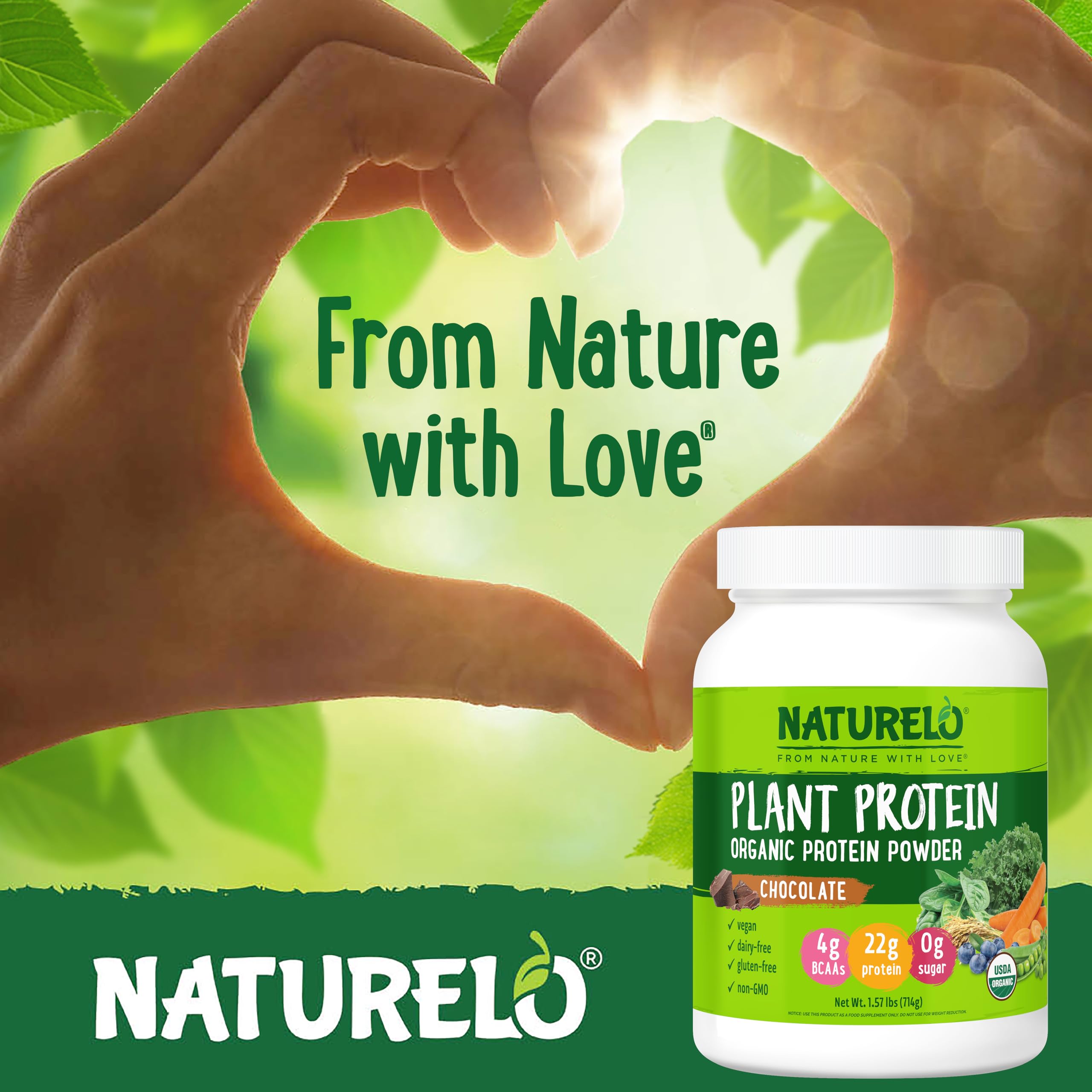 Naturelo vegan, non-GMO, gluten-free and dairy-free protein powder label