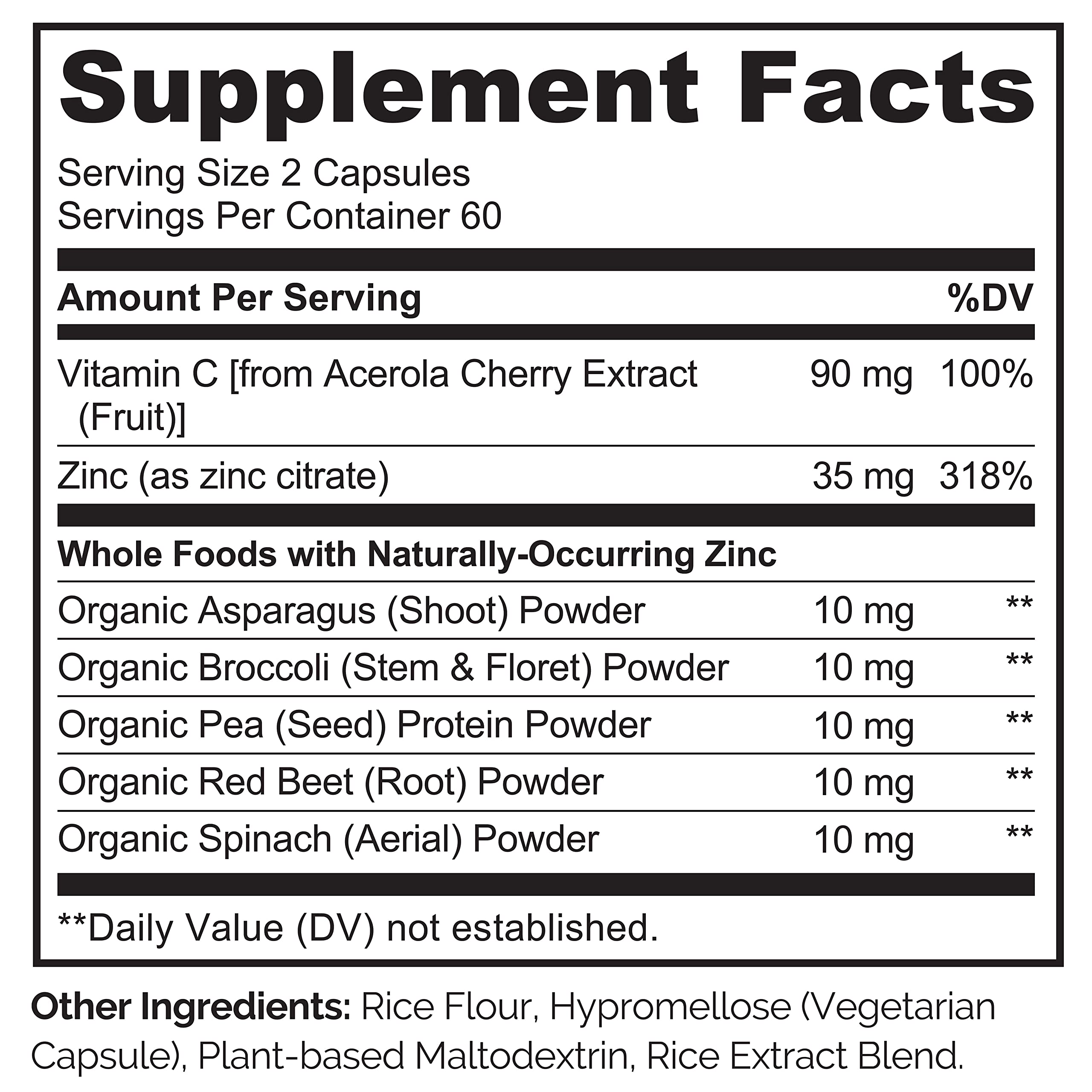 Naturelo Vegan Zinc Immune ingredients arrangement showcases brown rice chelate for better absorption.