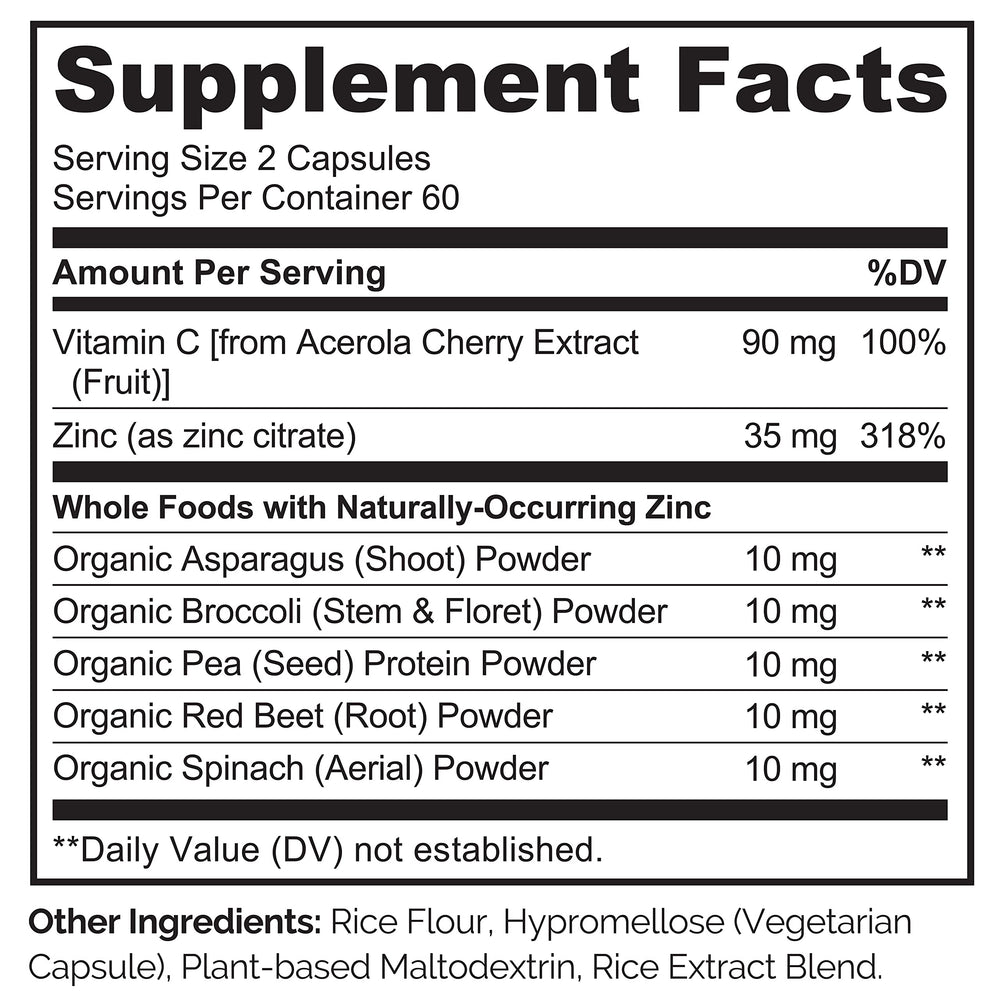 Naturelo Vegan Zinc Immune ingredients arrangement showcases brown rice chelate for better absorption.