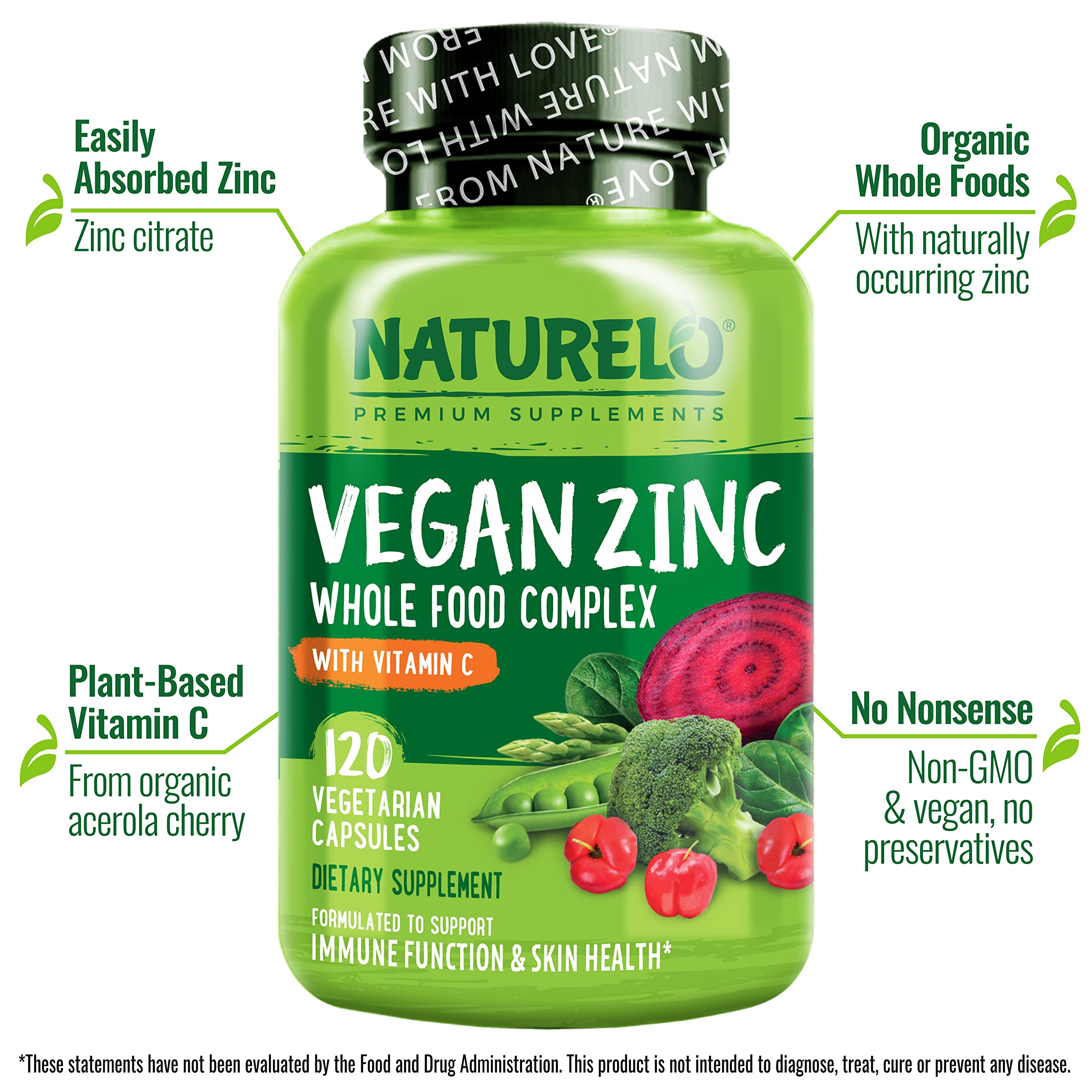 Naturelo Vegan Zinc Immune capsules packaging emphasizes vegan formula and easy daily intake.