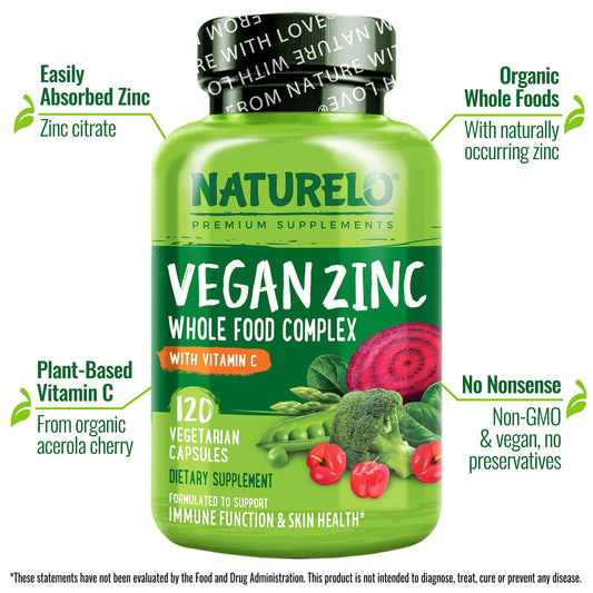 Naturelo Vegan Zinc Immune capsules packaging emphasizes vegan formula and easy daily intake.