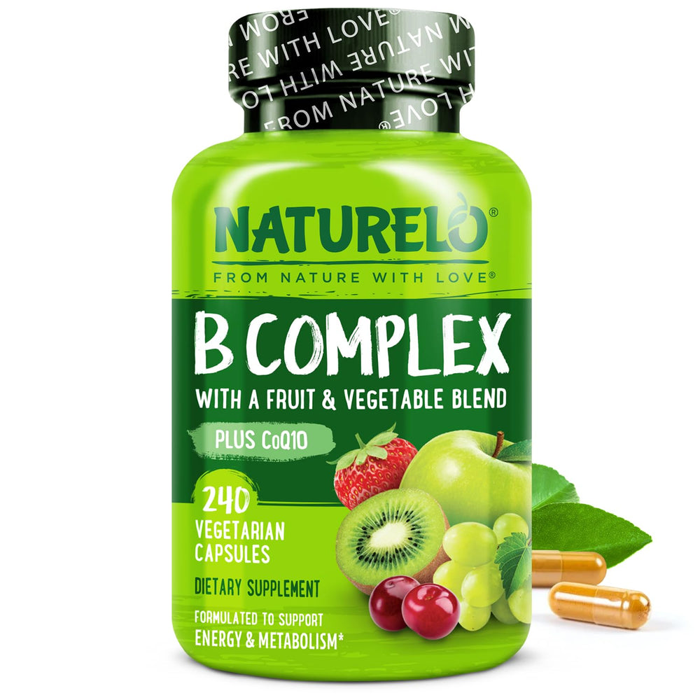 Naturelo Vitamin B Complex bottle front promotes energy support.