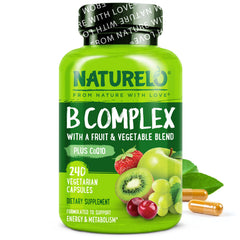Naturelo Vitamin B Complex bottle front promotes energy support.