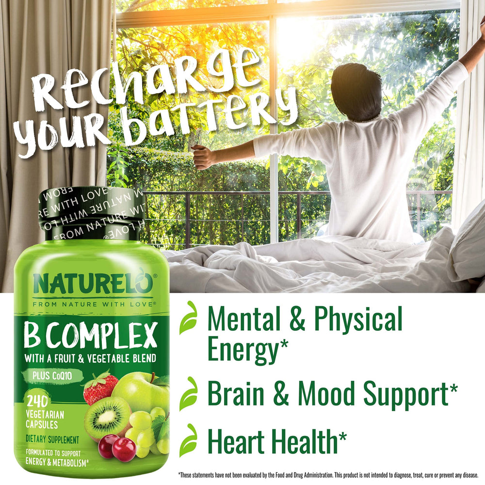 Naturelo Vitamin B Complex capsules close-up for daily energy metabolism.