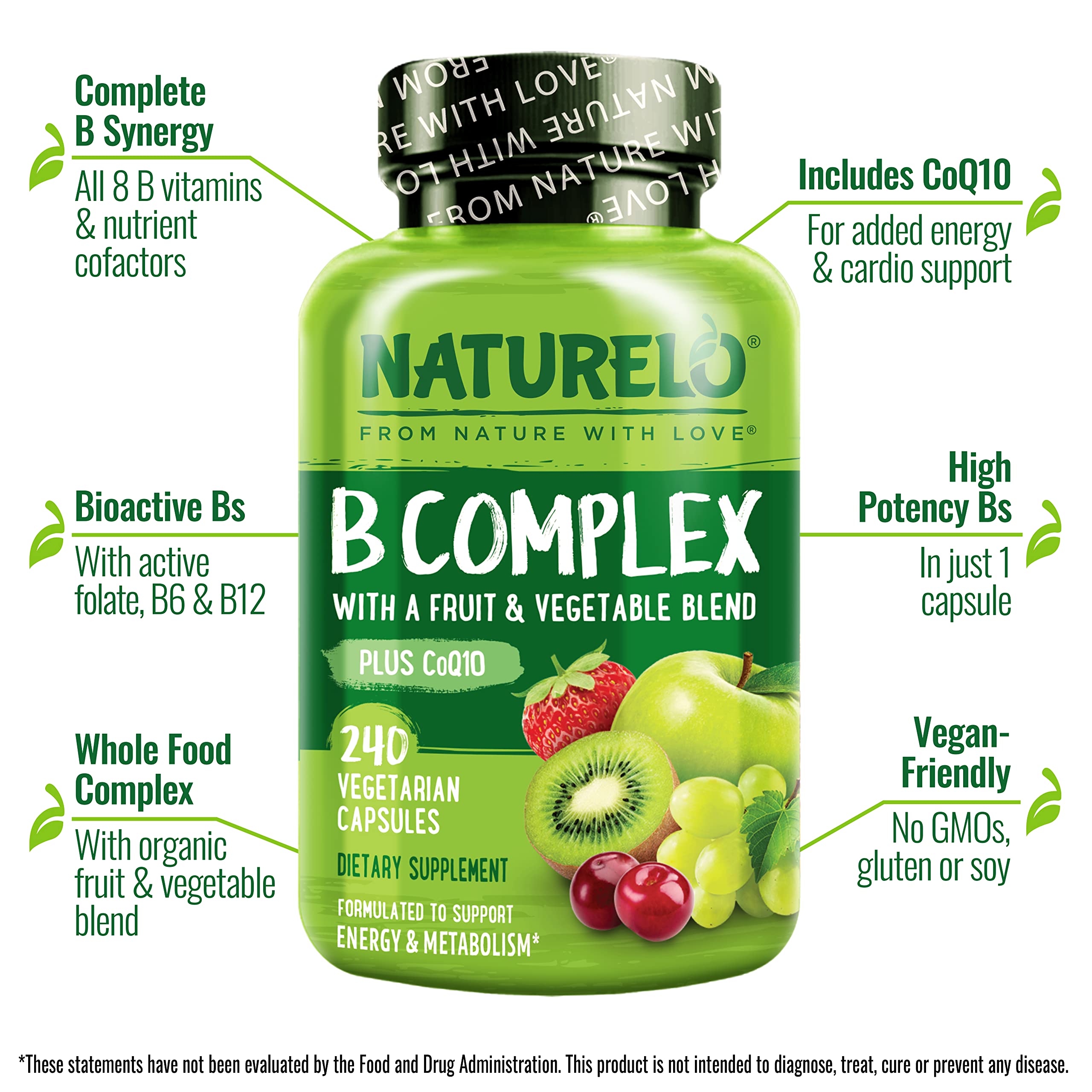 Naturelo Vitamin B Complex bottle detail emphasizes plant-based whole-food blend.