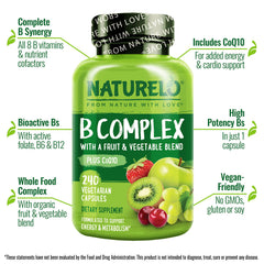 Naturelo Vitamin B Complex bottle detail emphasizes plant-based whole-food blend.