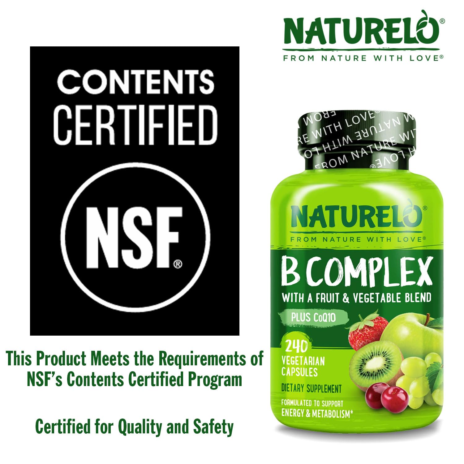 Naturelo Vitamin B Complex fruit and vegetable blend illustration signals natural nutrition.