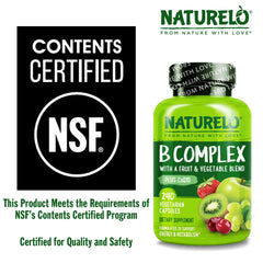 Naturelo Vitamin B Complex fruit and vegetable blend illustration signals natural nutrition.
