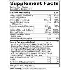Naturelo Vitamin B Complex label close-up shows CoQ10 and methylated B vitamins.