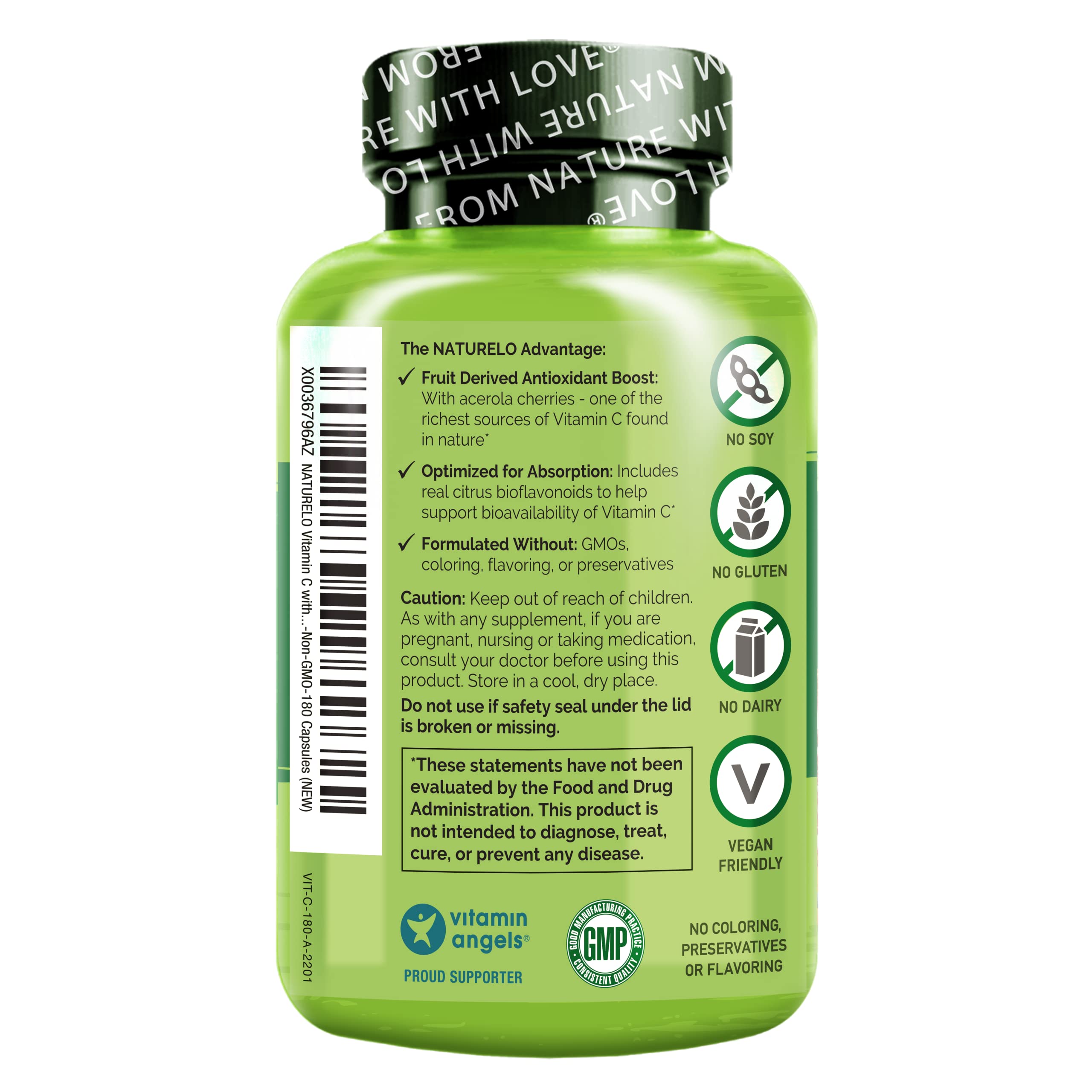 Naturelo Vitamin C acerola capsules close-up emphasizes natural source and easy daily use.