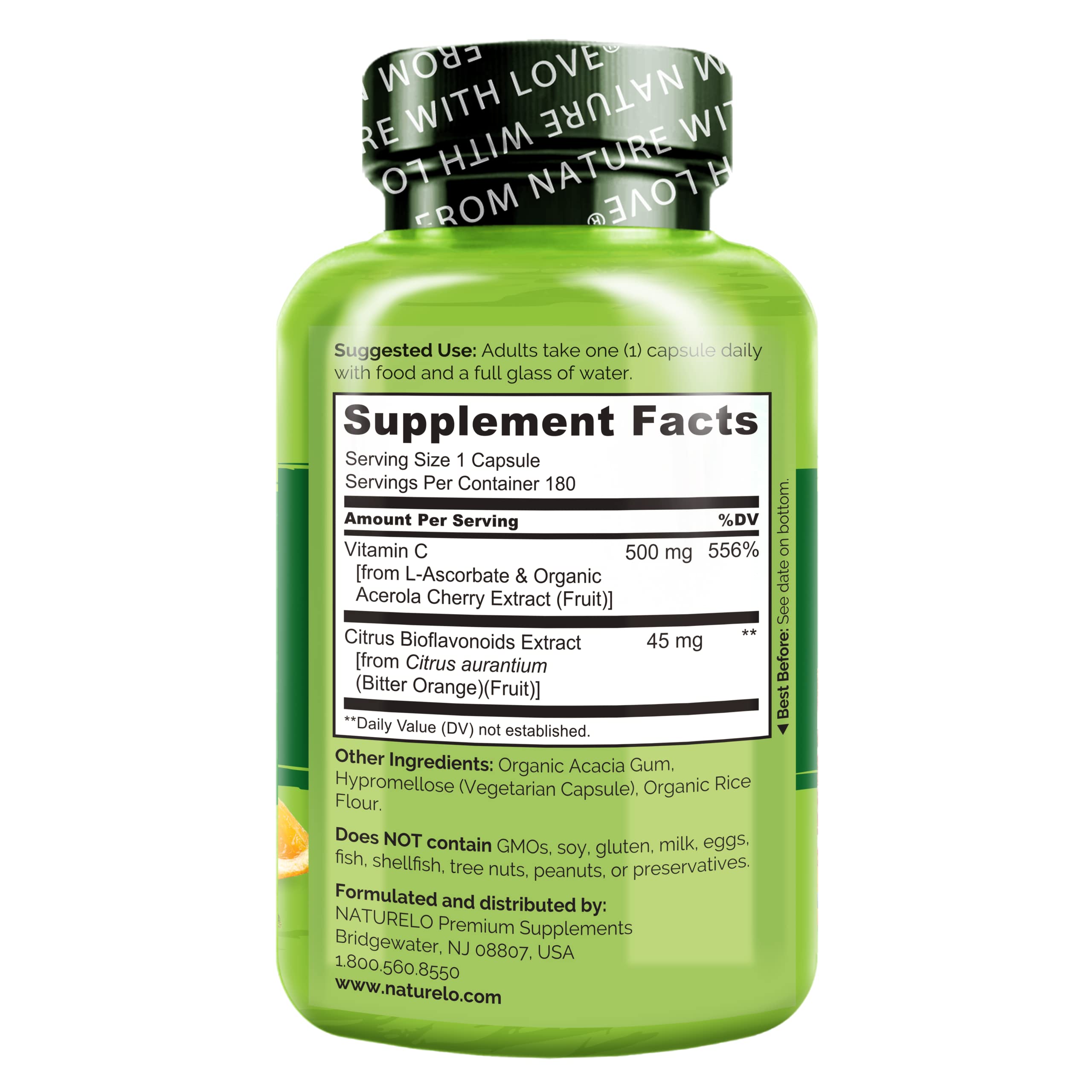 Naturelo Vitamin C bioflavonoids orange lemon highlight enhanced bioavailability concept.