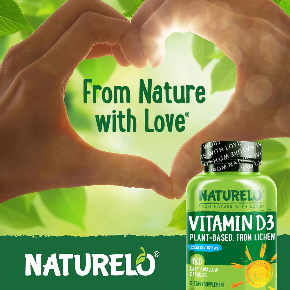 Naturelo Vitamin D bottle displays gluten-free label for sensitive diets.