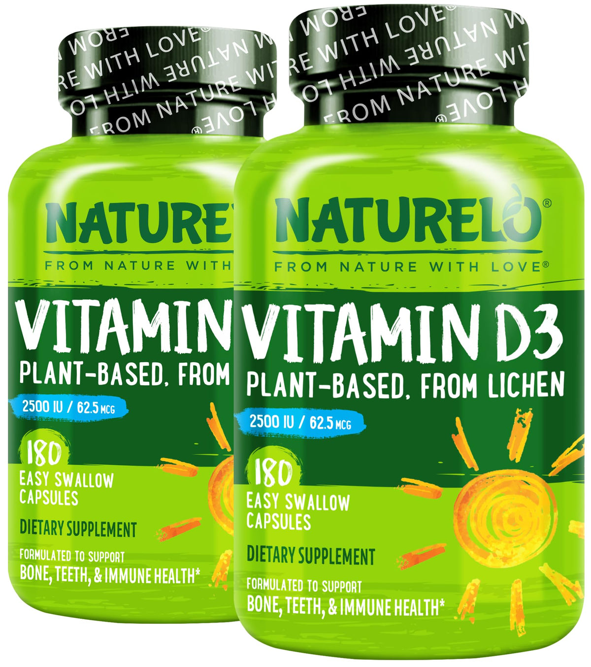 Naturelo Vitamin D bottle with lichen-based D3 label, signaling immune support.