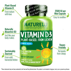 Naturelo Vitamin D vegan label close-up, highlighting plant-based, non-GMO formulation.