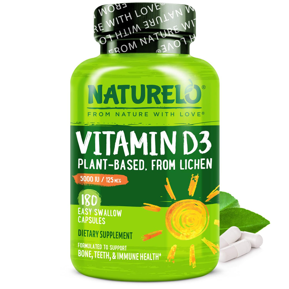 Naturelo Vitamin D3 5000 IU bottle on shelf highlighting immune support and bone health.