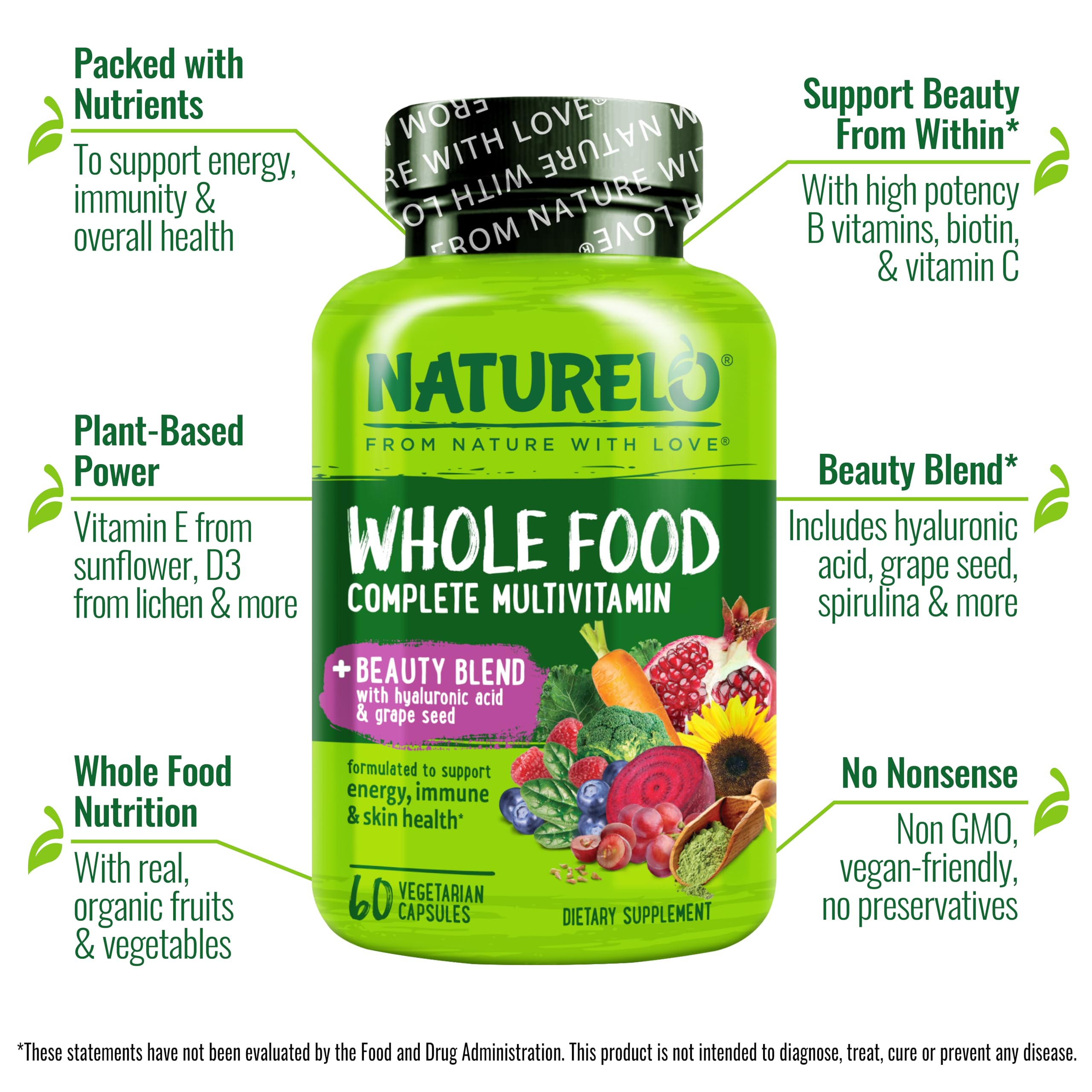 Naturelo Whole Food Multivitamin bottle highlighting vegan, plant-based nutrients for overall health.
