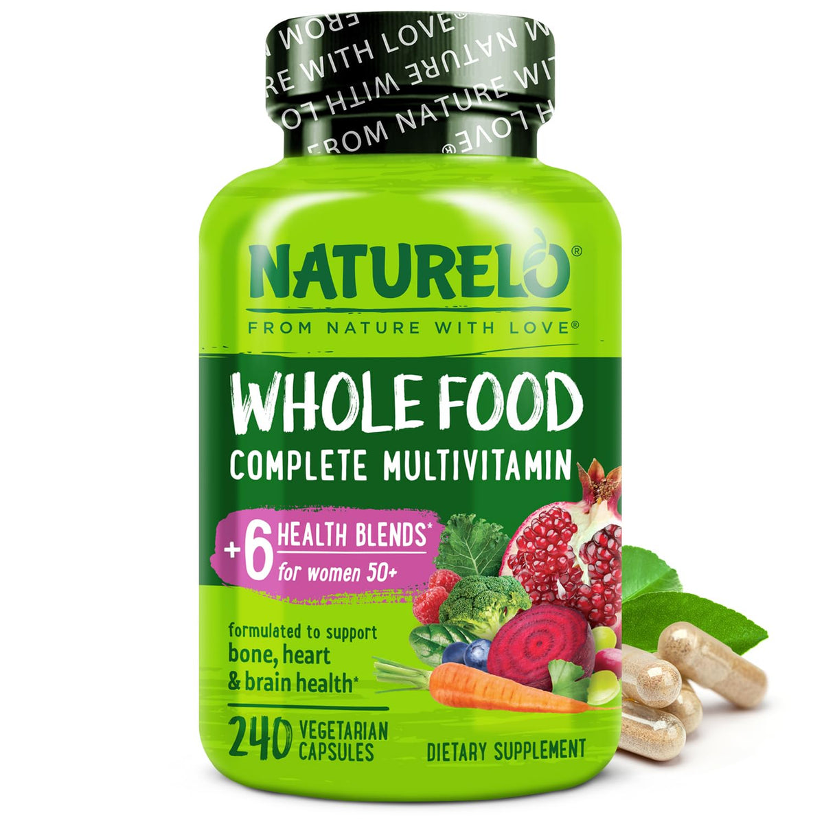 Naturelo Women 50+ multivitamin bottle supports daily postmenopausal wellness with plant-based ingredients.