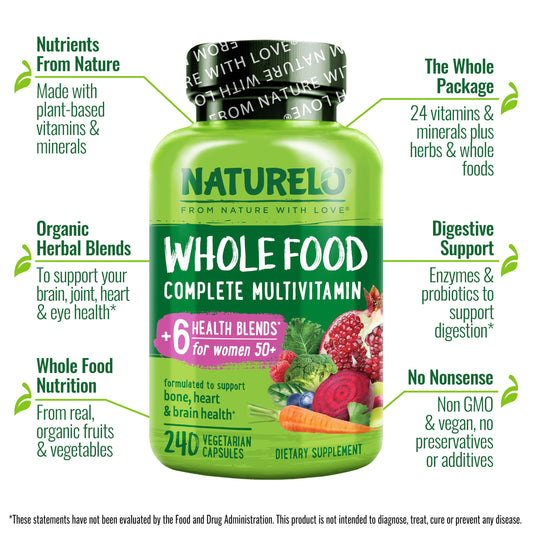 Naturelo Women 50+ multivitamin capsules: easy-to-swallow, absorption-friendly daily capsules.