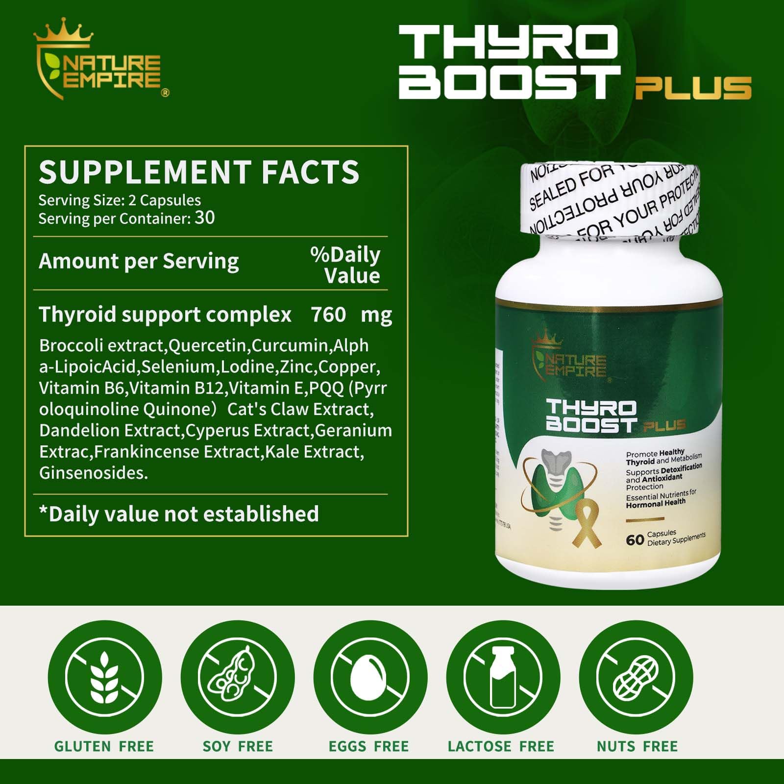 NatureMPIRE Thyro Boost Plus bottle side with label details.